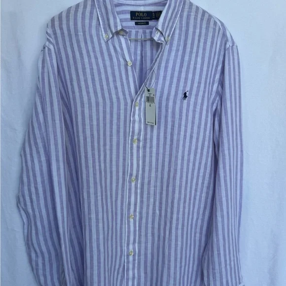 NEW Polo Ralph Lauren Striped Button Shirt Men XL Linen Light Purple/ White NWT - Picture 1 of 11